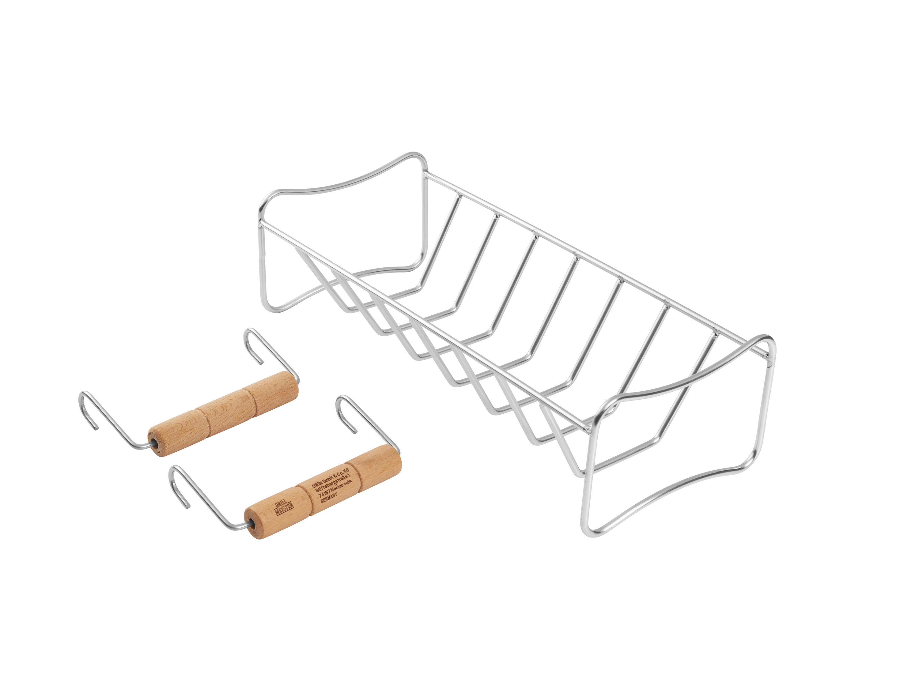 Grillmeister Stojak do grillowania kurczaka / Uchwyt na żeberka / Prasa do hamburgerów / Zestaw do marynat / Pokrywa na hamburgery Uchwyt na żeberka