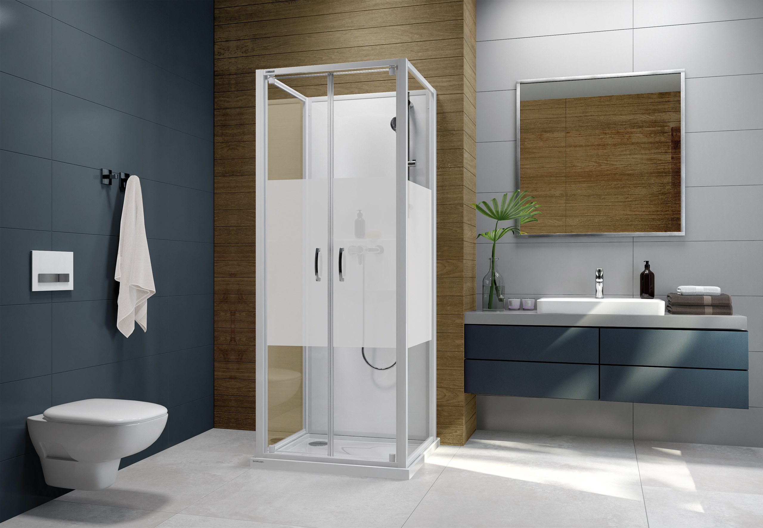 Darmowa Dostawa - Kabina z brodzikiem i zestawem prysznicowym 70x70 cm kwadratowa biały połysk/szkło ze wzorem Sanplast Basic Complete Mineral 