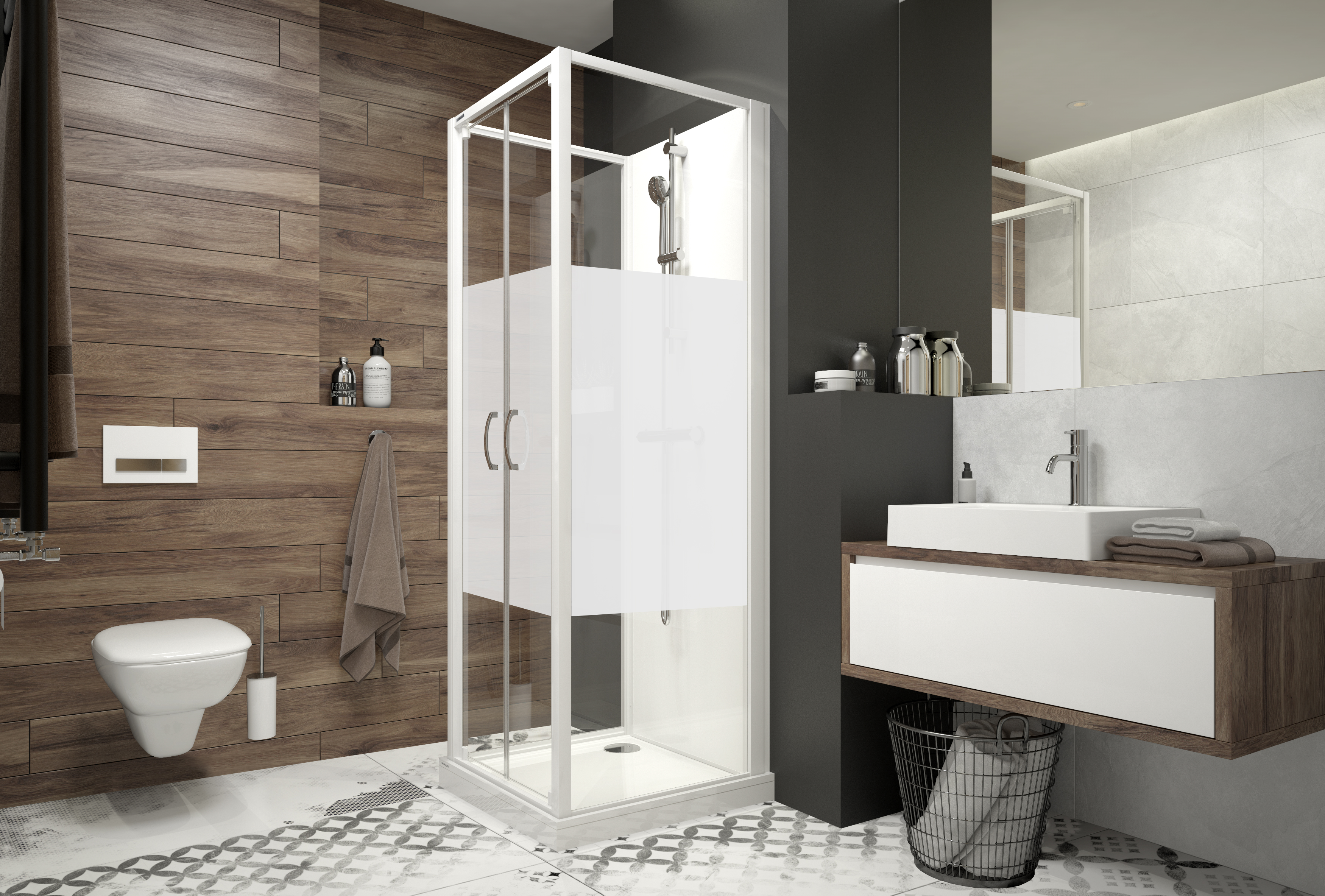 Darmowa Dostawa - Kabina z brodzikiem i zestawem prysznicowym 90x90 cm kwadratowa biały połysk/szkło ze wzorem Sanplast Basic Complete Mineral 