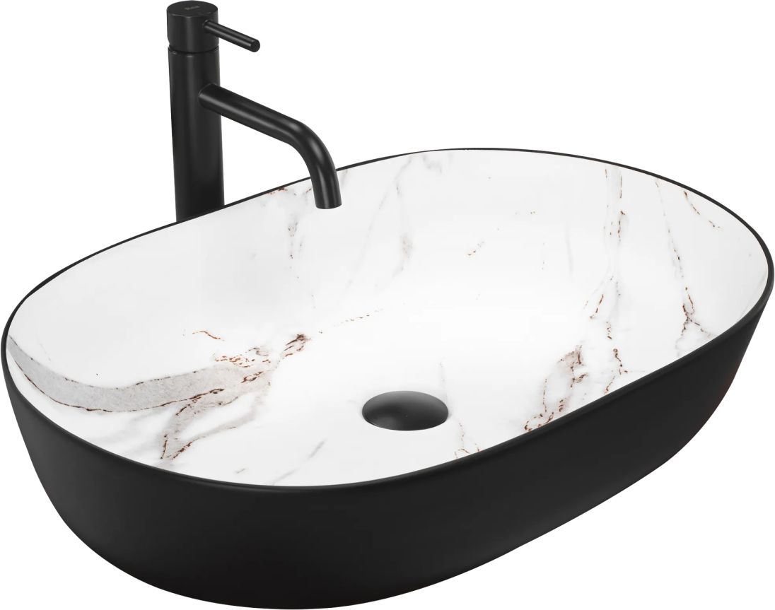 Darmowa Dostawa - Umywalka 60.5x41 cm owalna nablatowa biała-czarna Rea Cleo REAU6625