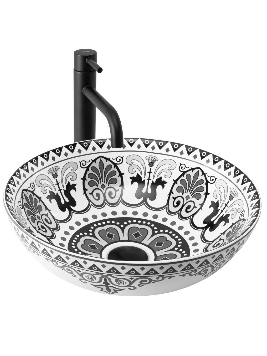 Darmowa Dostawa - Umywalka 40x40 cm okrągła nablatowa biała-czarna Rea Etno REAU7500