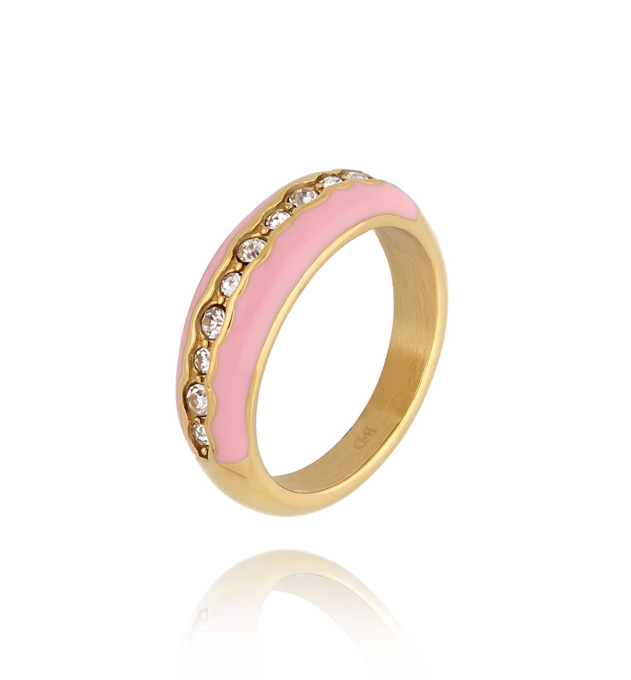 Pierścionek z cyrkoniami i różową emalią szeroki Mori - By Dziubeka