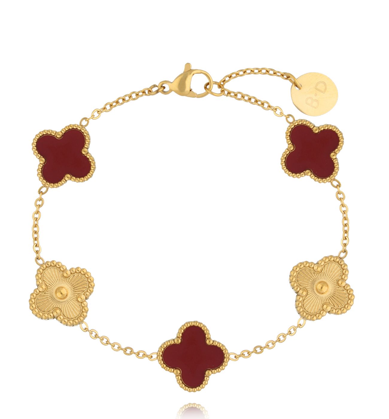 Bransoletka z bordowymi i złotymi koniczynkami Clovers BSY0162 - By Dziubeka