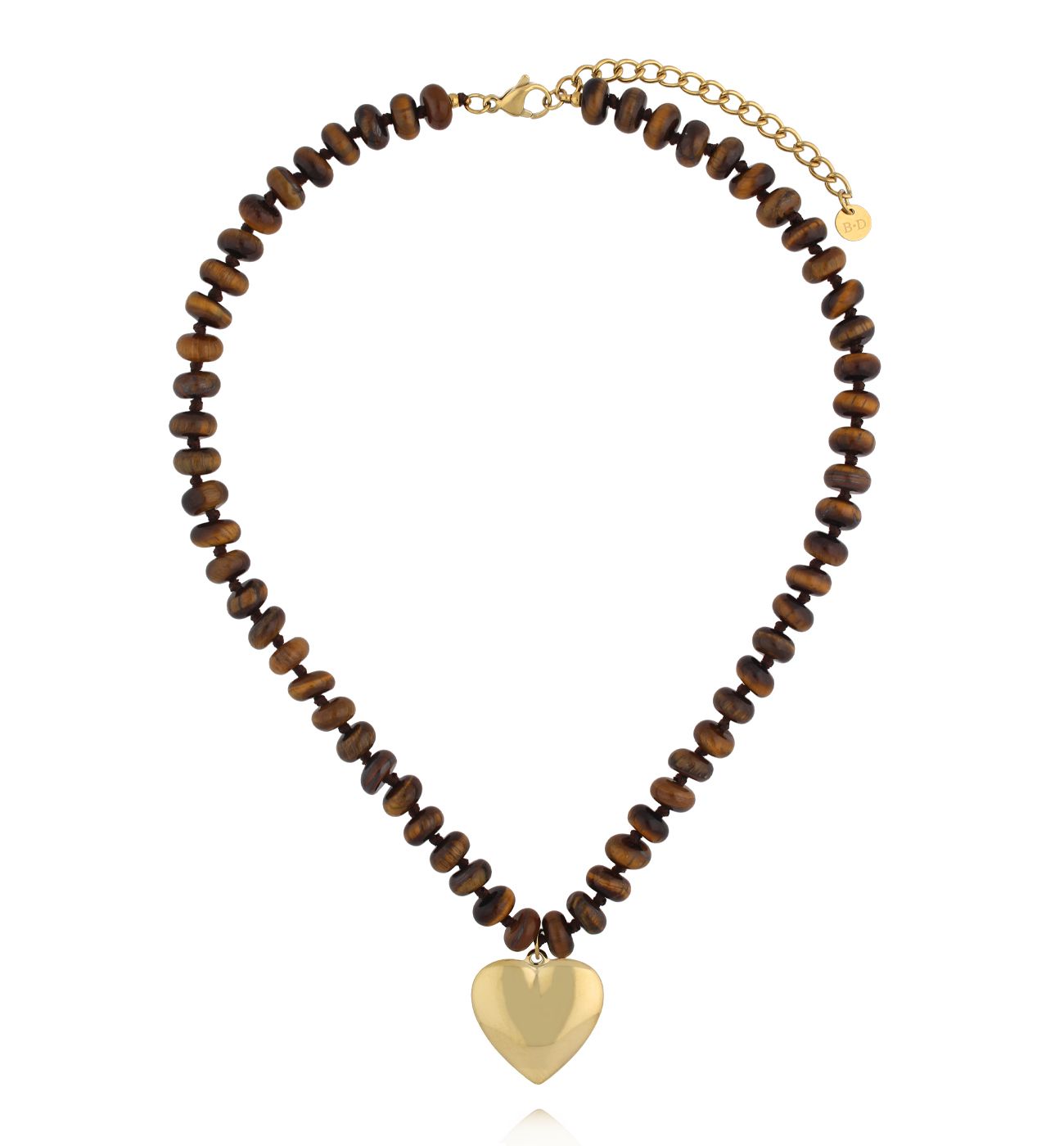 Naszyjnik z tygrysiego oka z pozłacanym sercem - By Dziubeka