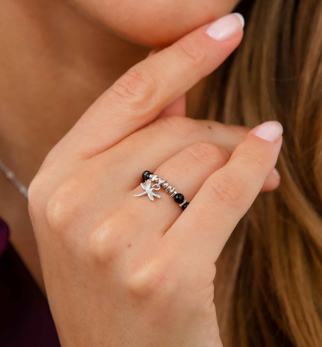 Pierścionek z agatami i ważką srebrny PLT0002 - By Dziubeka