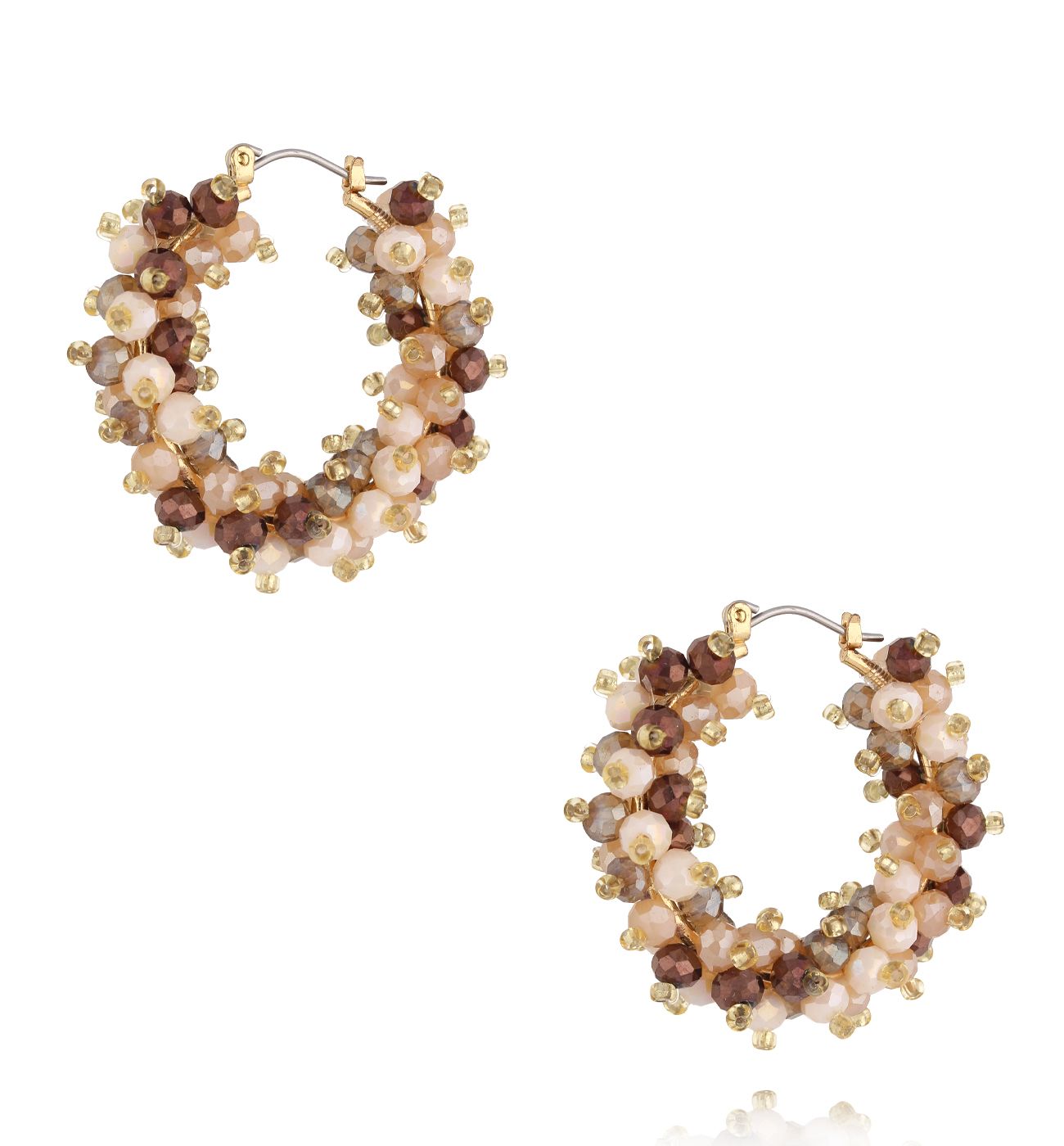 Kolczyki okrągłe z beżowymi i brązowymi kryształkami KWE0315 - By Dziubeka