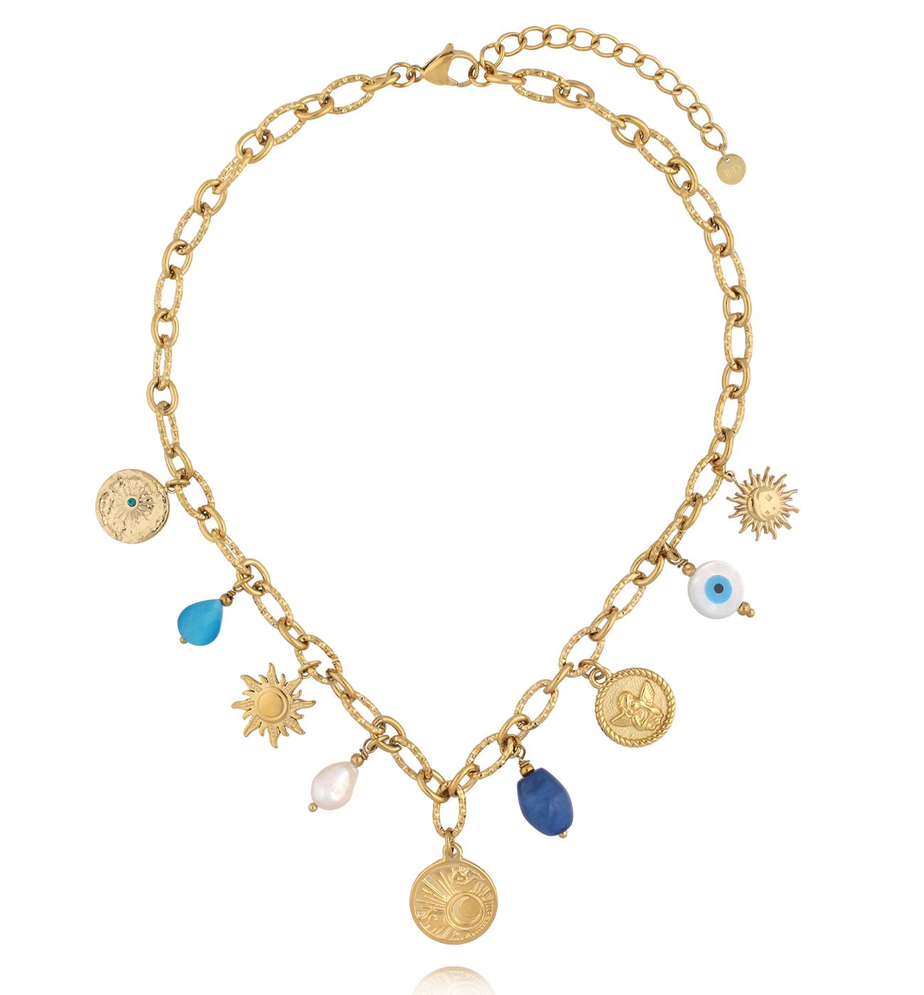 Naszyjnik z zawieszkami – słońce, medale i niebieskie talizmany NSY0734 - By Dziubeka