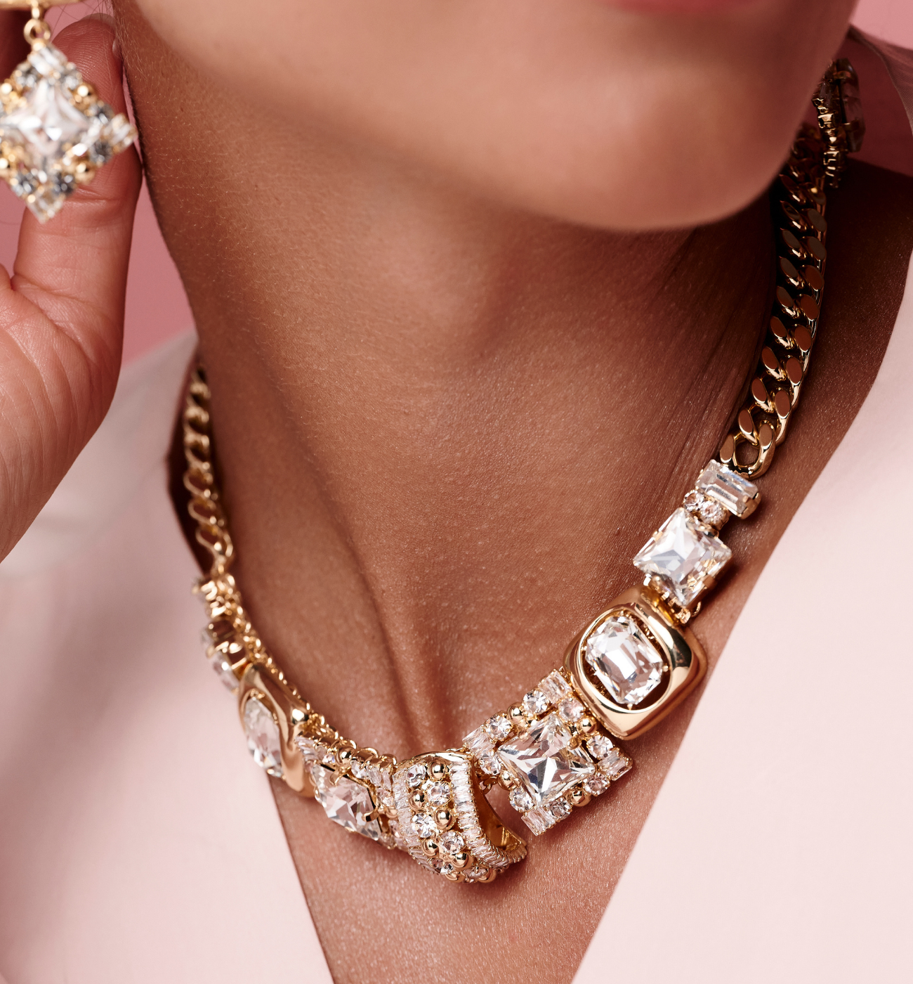 Naszyjnik z masywnym łańcuchem i kryształkami - By Dziubeka