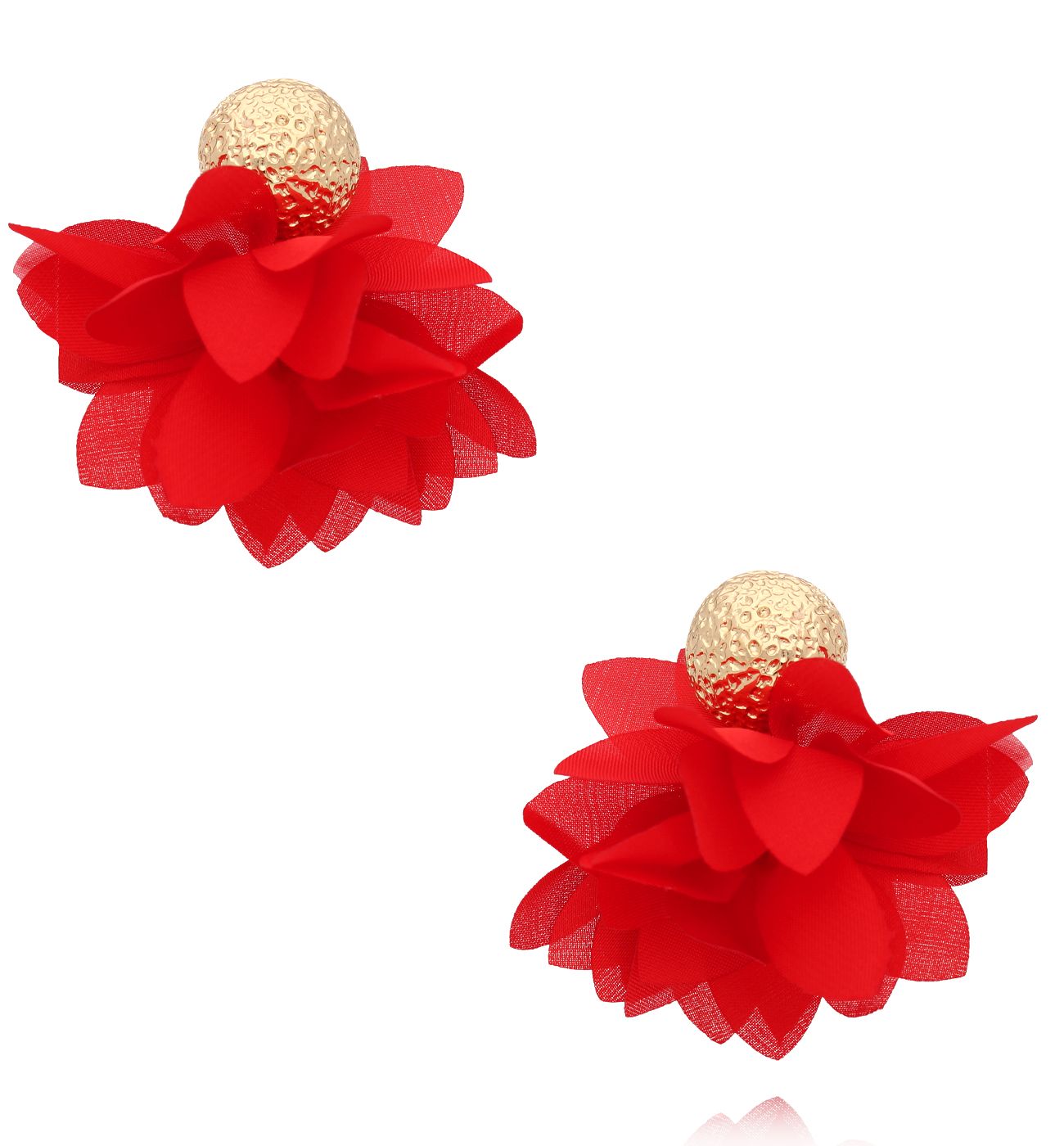 Kolczyki czerwone materiałowe ze złotą kulką KBL2012