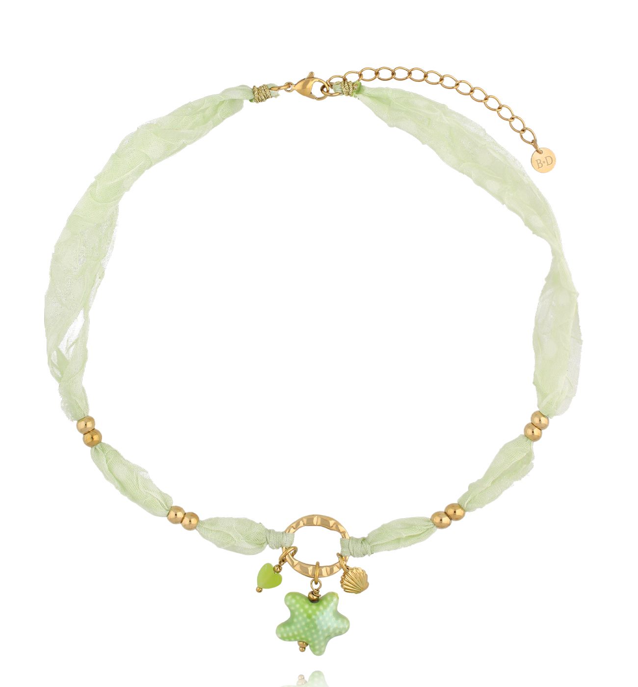 Naszyjnik zielony z tkaniny z zawieszką rozgwiazdy NSH0129 - By Dziubeka