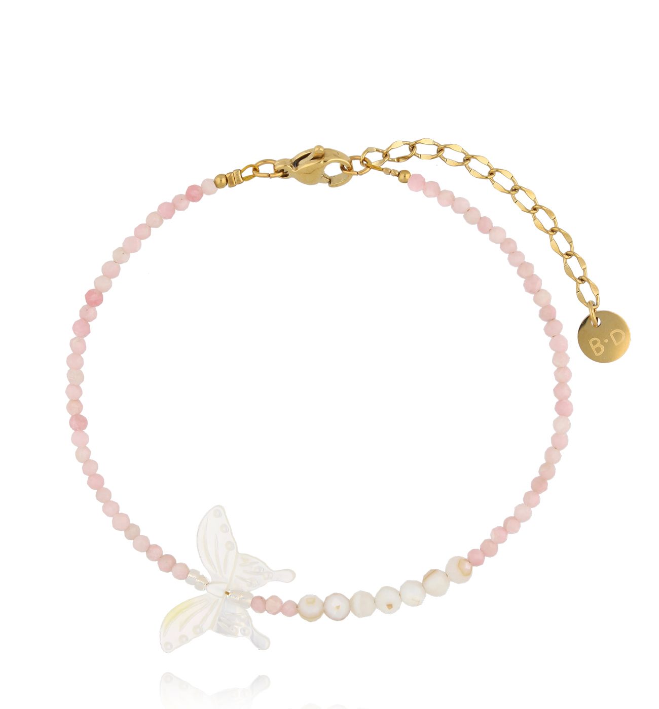 Bransoletka z różowym opalem i motylem - By Dziubeka