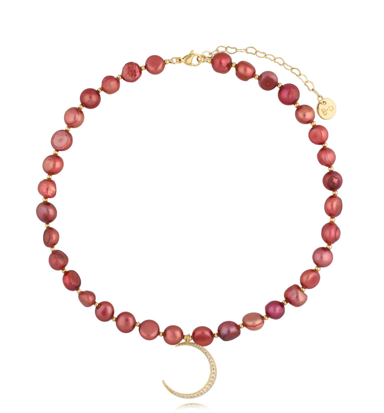 Naszyjnik z bordowymi perłami i księżycem - By Dziubeka