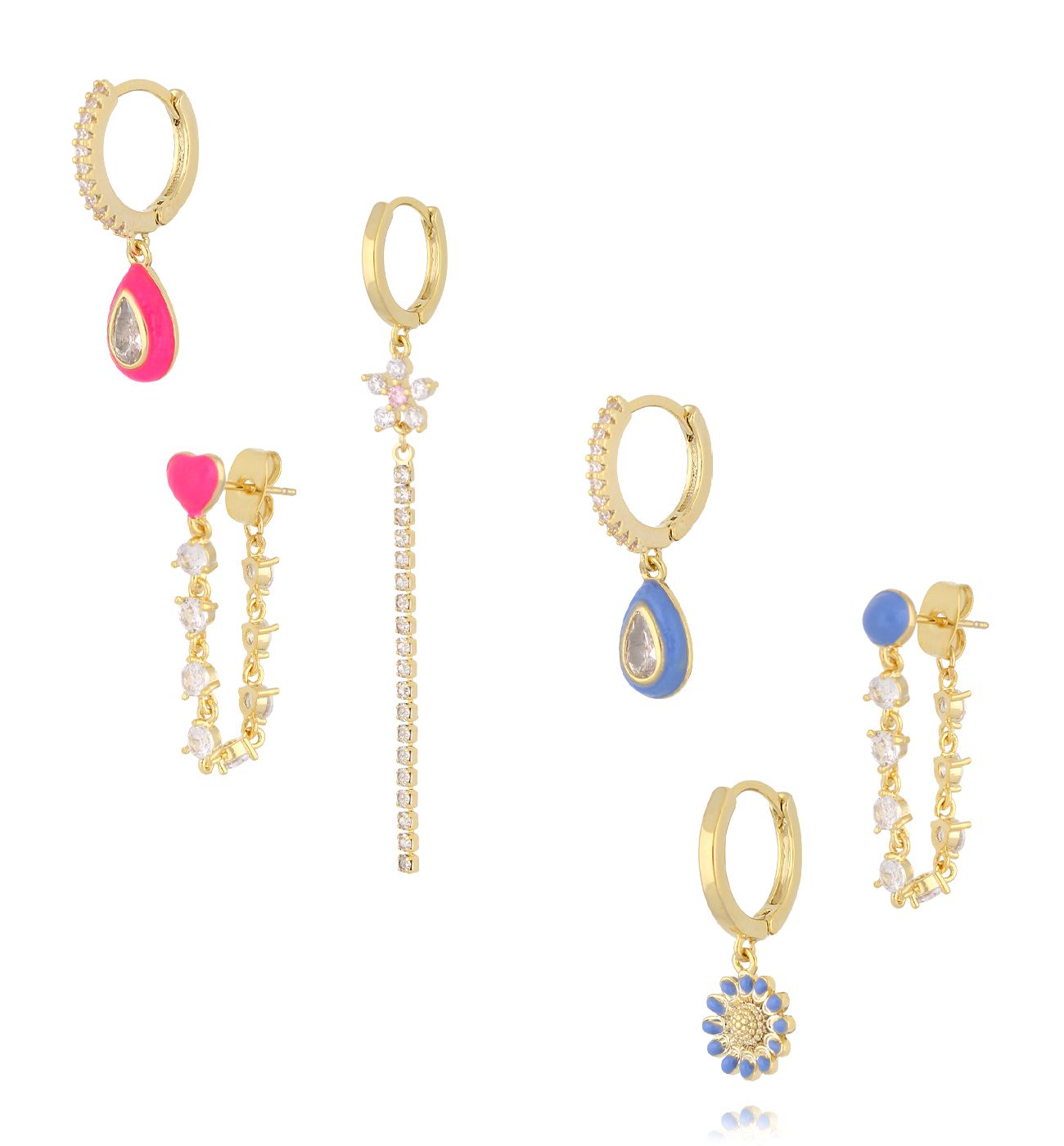 Zestaw złoconych kolczyków z kolorową emalią i cyrkoniami KMB0062 - By Dziubeka