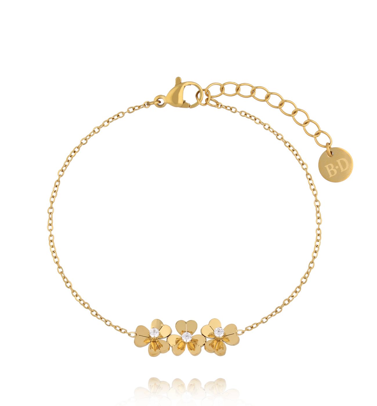 Bransoletka na delikatnym łańcuszku z trzema złotymi kwiatami i cyrkoniami BSY0595