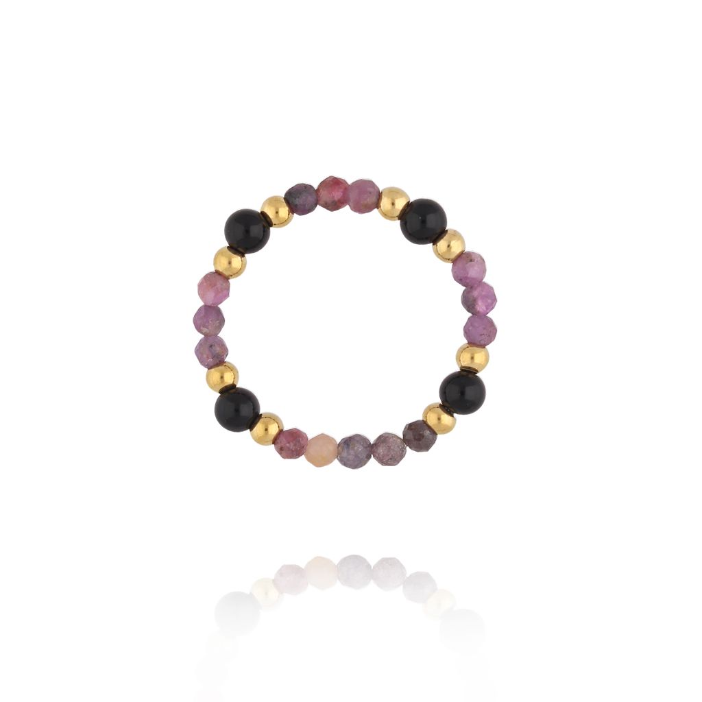 Pierścionek elastyczny z czarnymi agatami i rubinami - By Dziubeka