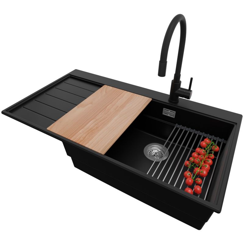 Zlewozmywak Granitowy Sydney PRIMAGRAN Nablatowy 90x50cm do szafki od 60cm, Czarny + Bateria + Syfon + Akcesoria, S422, 1 szt.