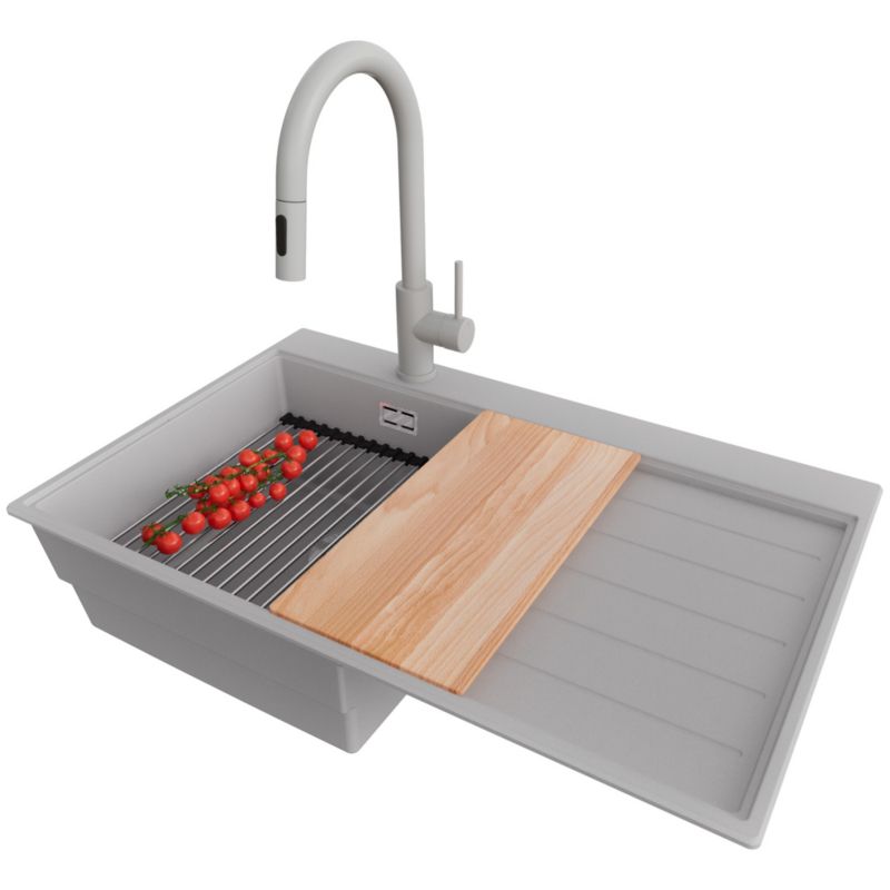 Zlewozmywak Granitowy Sydney PRIMAGRAN Nablatowy 78x50cm do szafki od 45cm, Szary + Bateria + Syfon + Akcesoria, S277, 1 szt.