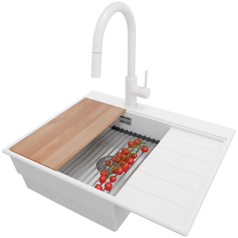 Zlewozmywak Granitowy Sydney PRIMAGRAN Nablatowy 62x50cm do szafki od 45cm, Biały + Bateria + Syfon + Akcesoria, S180, 1 szt.