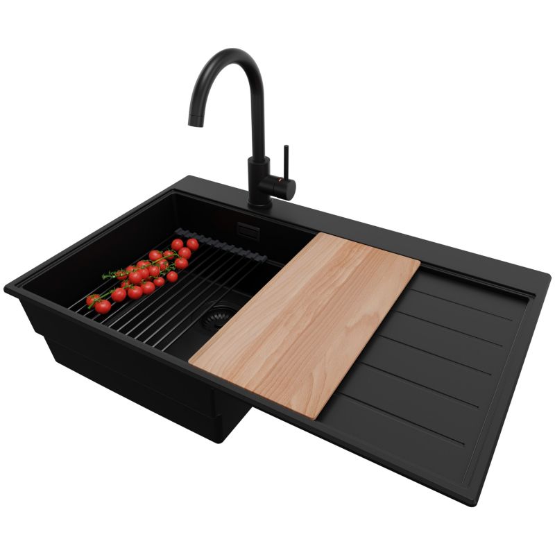 Zlewozmywak Granitowy Sydney PRIMAGRAN Nablatowy 78x50cm, Cały Czarny + Bateria + Syfon + Akcesorium, S282, 1 szt.