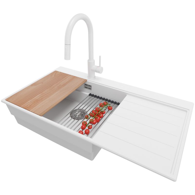 Zlewozmywak Granitowy Sydney PRIMAGRAN Nablatowy 90x50cm do szafki od 60cm, Biały + Bateria + Syfon + Akcesoria, S468, 1 szt.