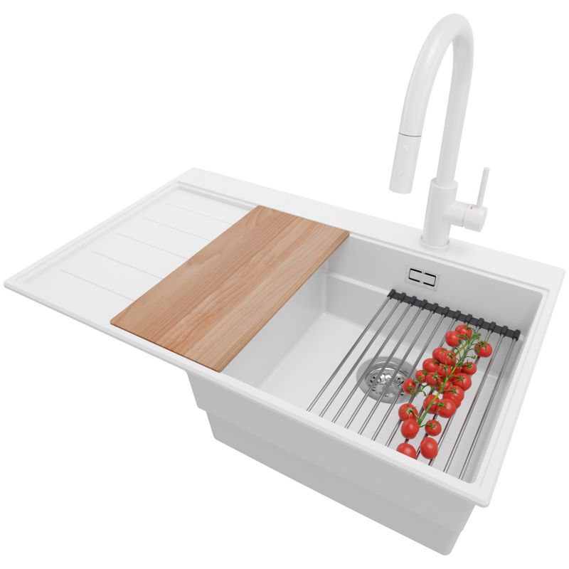 Zlewozmywak Granitowy Sydney PRIMAGRAN Nablatowy 78x50cm do szafki od 45cm, Biały + Bateria + Syfon + Akcesoria, S228, 1 szt.