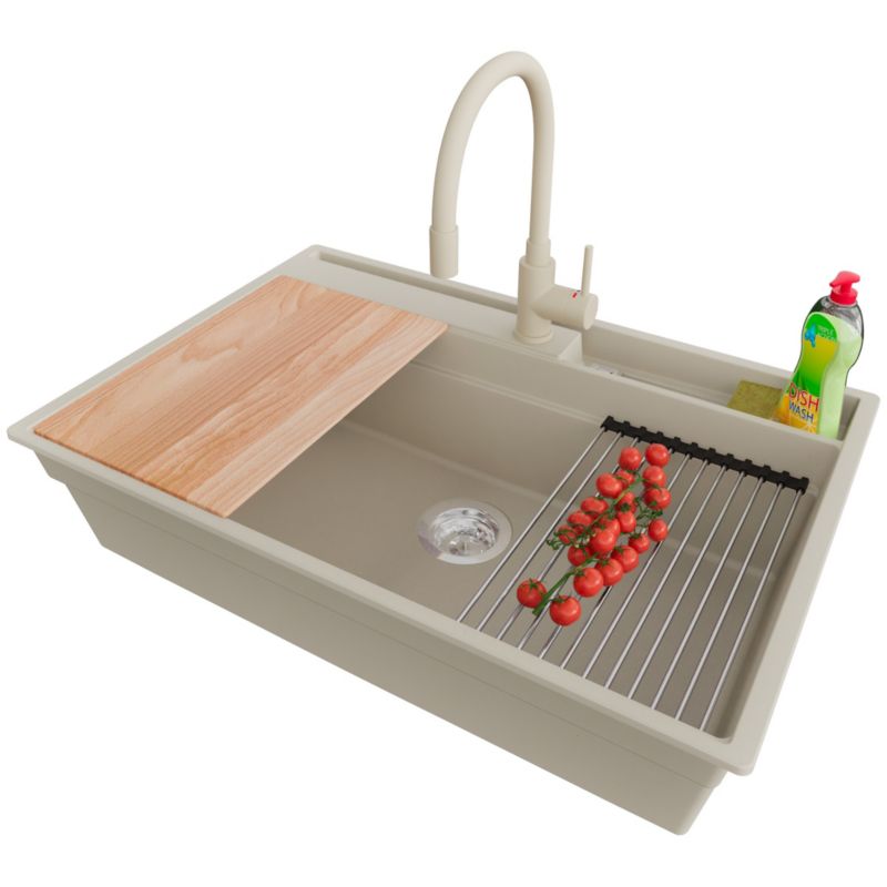 Zlewozmywak Granitowy Oslo Pocket PRIMAGRAN Nablatowy 78x53cm, Beżowy + Bateria + Syfon + Akcesorium, S352, 1 szt.