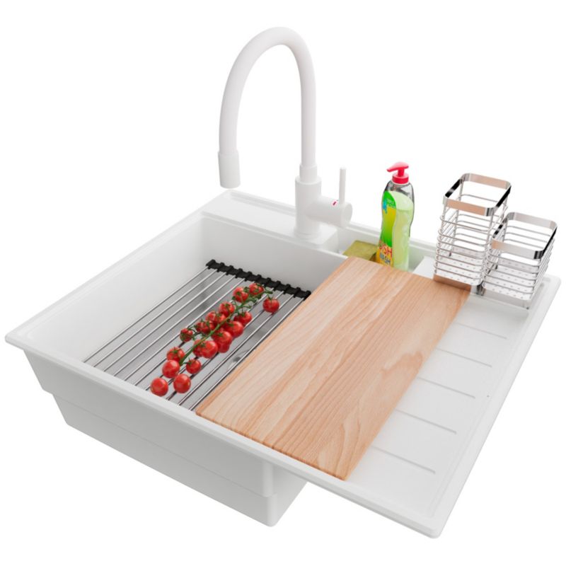 Zlewozmywak Granitowy Sydney Pocket PRIMAGRAN Nablatowy 62x53cm, Biały + Bateria + Syfon + Akcesorium, S087, 1 szt.