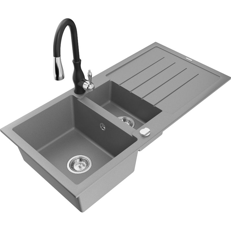 Zlewozmywak granitowy 1.5-komorowy Mexen Andres z ociekaczem i baterią kuchenną Savita szary 6515-71-672601-70