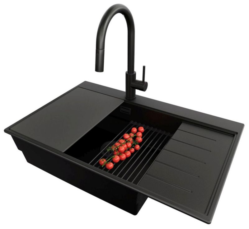 Zlewozmywak Granitowy Sydney PRIMAGRAN Nablatowy 78x50cm do szafki od 60cm, Cały Czarny + Bateria + Syfon + Akcesoria, , 1 szt.