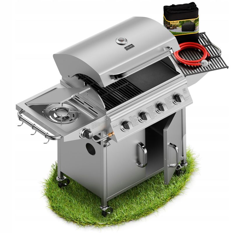 Grill Gazowy Koler Relish V2 Srebrny Nierdzewny 5 Palników 16kW 2 Ruszty + Pokrowiec 1 szt.