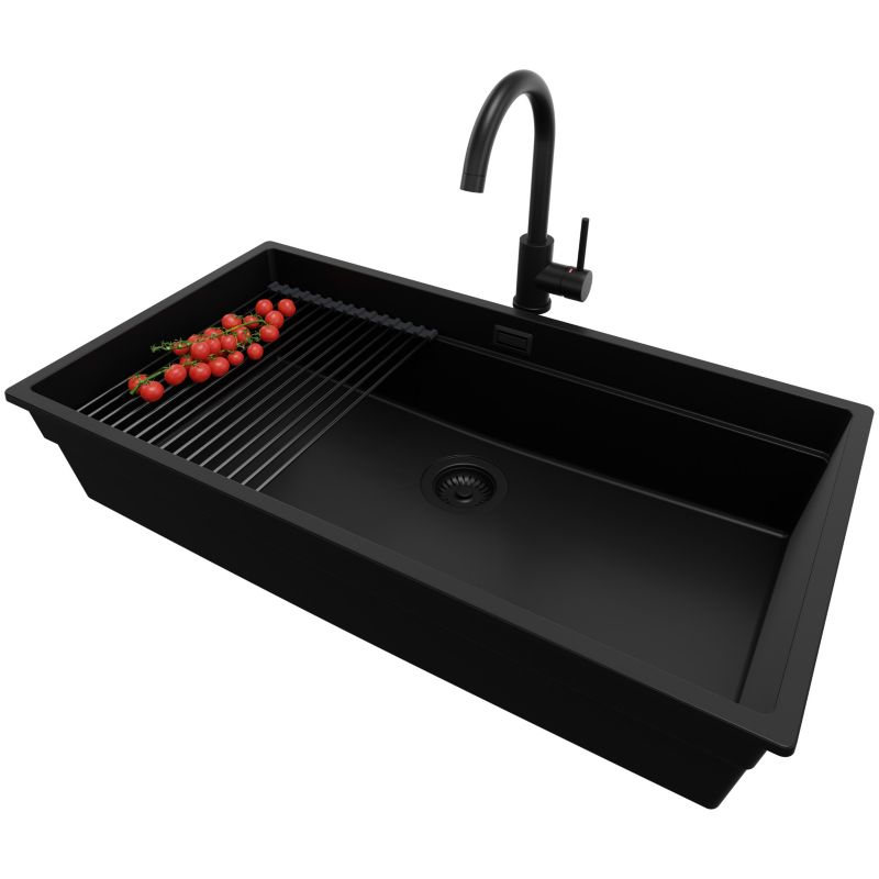 Zlewozmywak Granitowy Praga Slim PRIMAGRAN Nablatowy 86x47cm, Cały Czarny + Bateria + Syfon + Akcesorium, S688, 1 szt.