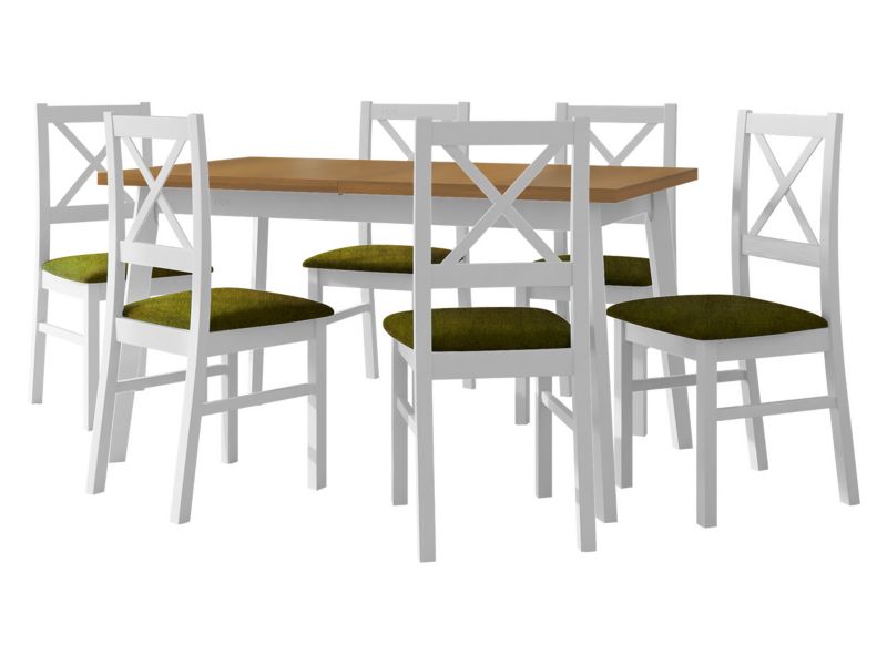 Zestaw DR11 MIRJAN 24 Stół rozkładany Oslo V 80x140/180 + 6 krzeseł Nilo 10 dąb grandson + biały + ciemnozielona tapicerka 1 kpl.