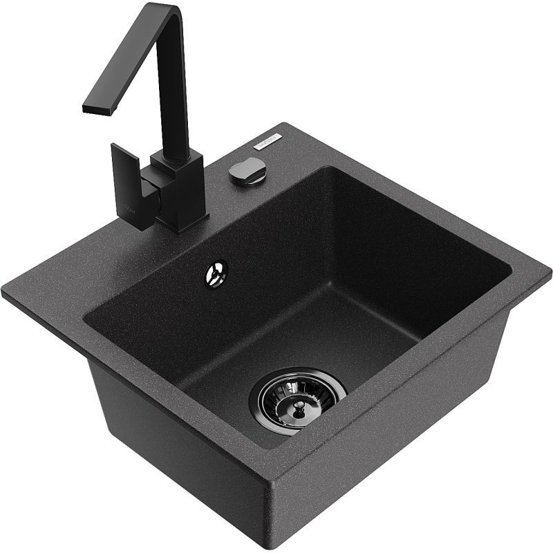 Zlewozmywak granitowy 1-komorowy Mexen Milo z baterią kuchenną Rita czarny nakrapiany - 6505-76-670300-76 1 szt.