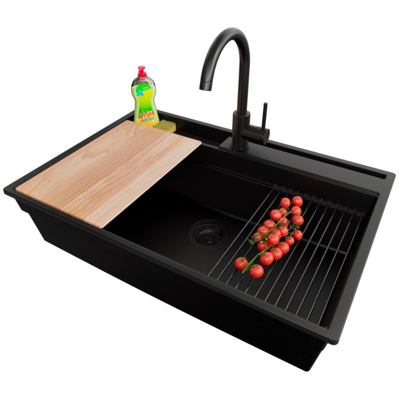 Zlewozmywak Granitowy Oslo Pocket PRIMAGRAN Nablatowy 78x53cm, Cały Czarny + Bateria + Syfon + Akcesorium, S414, 1 szt.