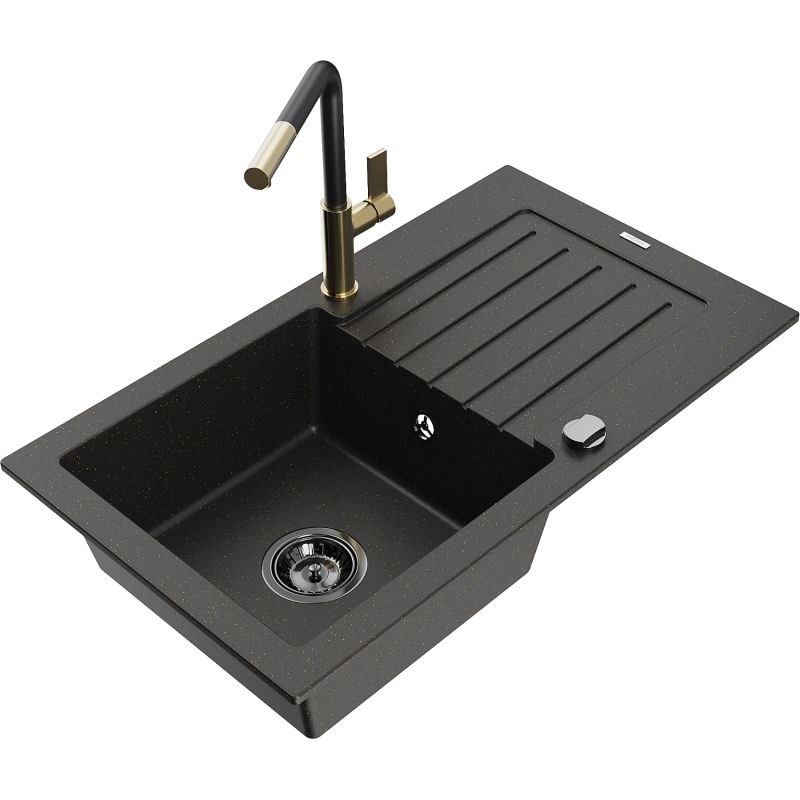 Zlewozmywak granitowy 1-komorowy Mexen Pablo z ociekaczem i baterią kuchenną Flora czarny/złoty metalik 6510-75-670401-57-B