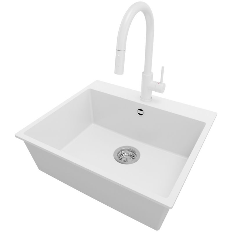 Zlewozmywak Granitowy Ryga PRIMAGRAN Nablatowy 58x50cm do szafki od 60cm, Biały + Bateria 40x20cm + Syfon, S325, 1 szt.