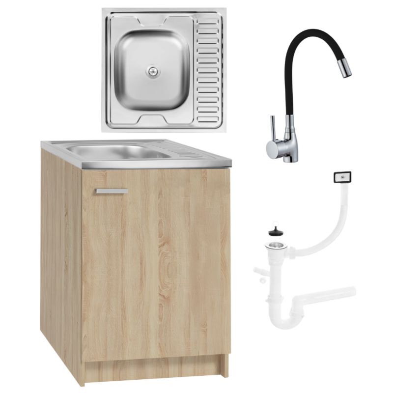 Szafka Kuchenna Stamar 600 x 600 mm Dąb Sonoma Zlew Bateria Elastyczna Czarna Syfon 1 szt