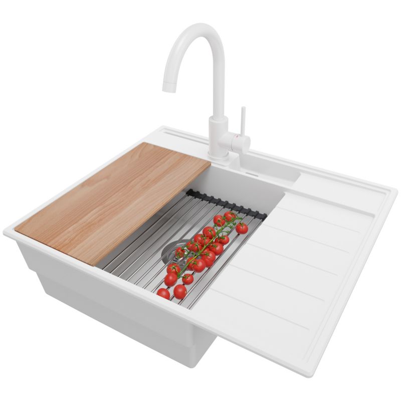 Zlewozmywak Granitowy Sydney Pocket PRIMAGRAN Nablatowy 62x53cm, Biały + Bateria + Syfon + Akcesorium, S081, 1 szt.