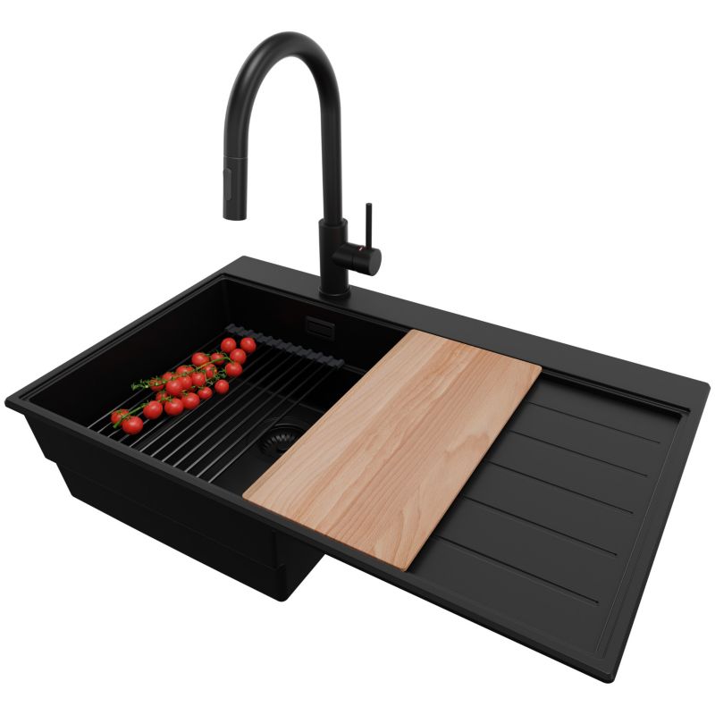 Zlewozmywak Granitowy Sydney PRIMAGRAN Nablatowy 78x50cm, Cały Czarny + Bateria + Syfon + Akcesorium, S283, 1 szt.