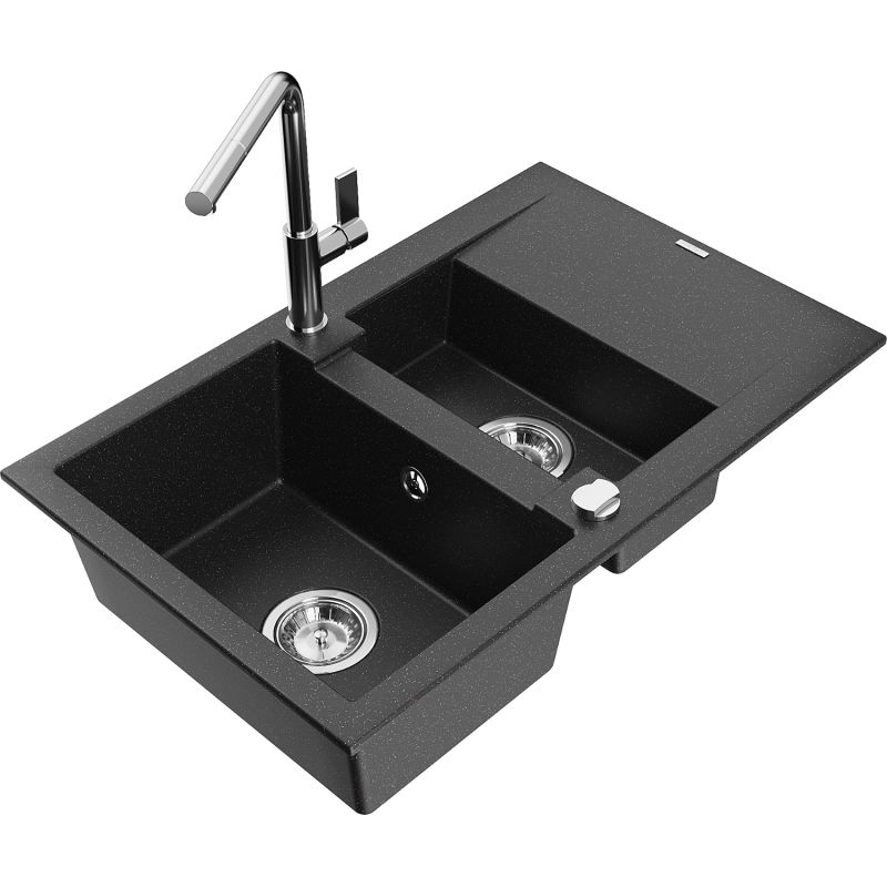 Zlewozmywak granitowy 1.5-komorowy Mexen Gaspar z ociekaczem i baterią kuchenną Flora czarny/srebrny 6507-73-670401-00