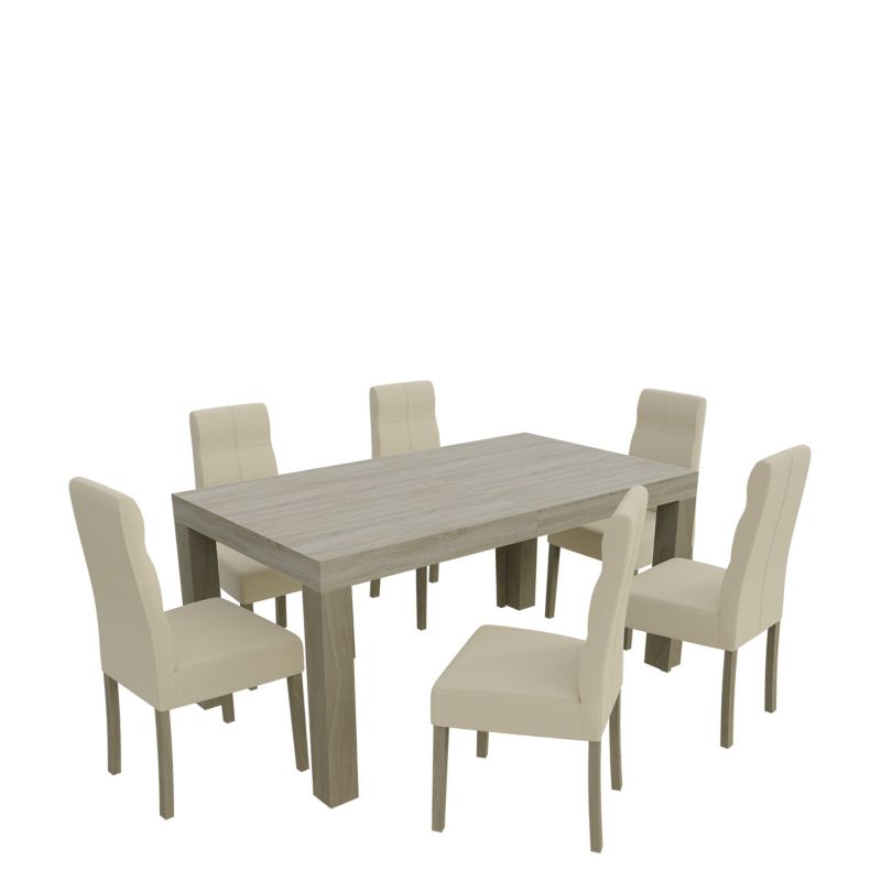 Zestaw RO47 MIRJAN 24 Stół rozkładany SF-25 90x160/210 + 6 krzeseł K63 dąb sonoma + ekoskóra ecru 1 kpl.