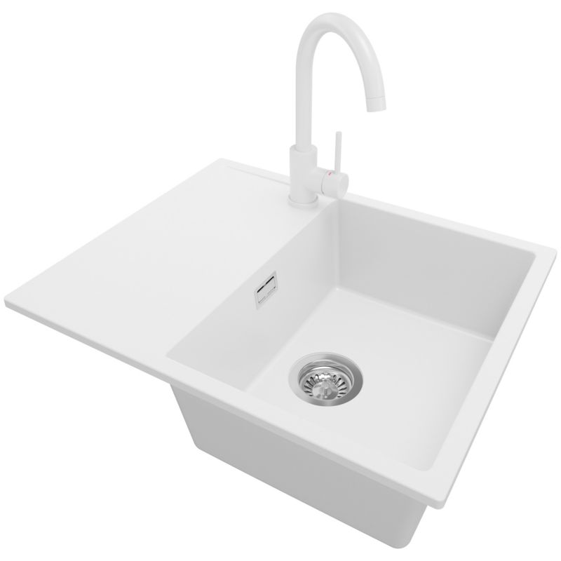 Zlewozmywak Granitowy Ibiza PRIMAGRAN Nablatowy 62x50cm do szafki od 45cm, Biały + Bateria 32x20cm + Syfon, S011, 1 szt.