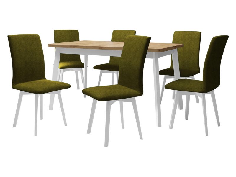 Zestaw DR24 MIRJAN 24 Stół rozkładany Oslo VI 80x140/180 + 6 krzeseł Luna 2 dąb artisan + biały + ciemnozielona tapicerka 1 kpl.