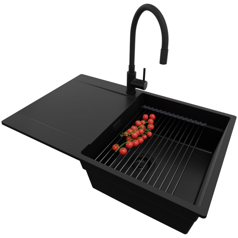 Zlewozmywak Granitowy San Francisco PRIMAGRAN Nablatowy 78x50cm, Cały Czarny + Bateria + Syfon + Akcesorium, S056, 1 szt.