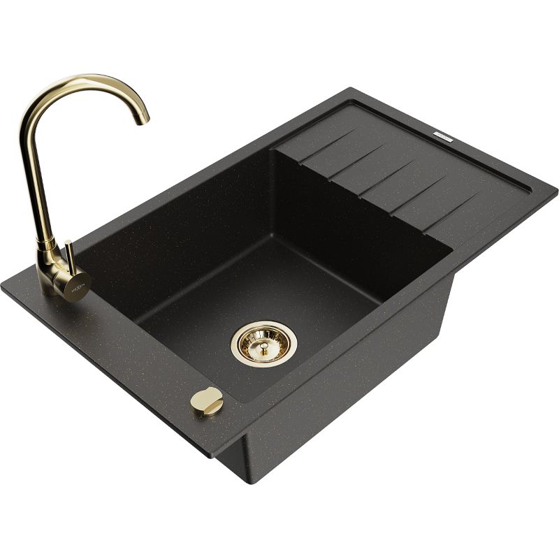 Zlewozmywak granitowy 1-komorowy Mexen Elias z ociekaczem i baterią kuchenną Telma czarny/złoty 6511-75-670200-50