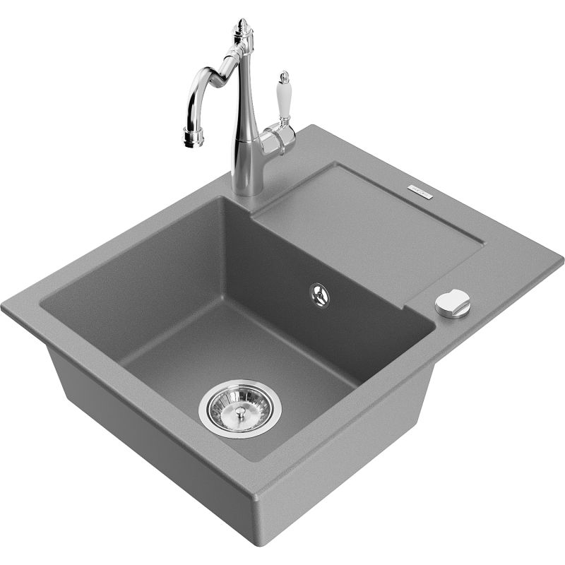 Zlewozmywak granitowy 1-komorowy Mexen Enzo z ociekaczem i baterią kuchenną Carla szary 6506-71-670700-00