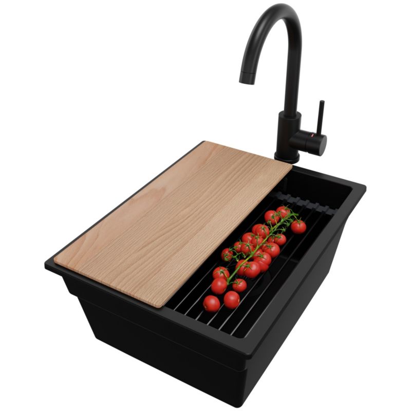 Zlewozmywak Granitowy Praga Slim PRIMAGRAN Nablatowy 36x47cm do szafki od 40cm z Syfonem i Baterią i Dodatkiem Cały Czarny 1 szt.