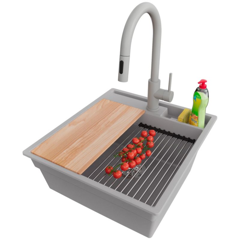 Zlewozmywak Granitowy Oslo Pocket PRIMAGRAN Nablatowy 48x53cm, Szary + Bateria + Syfon + Akcesorium, S167, 1 szt.