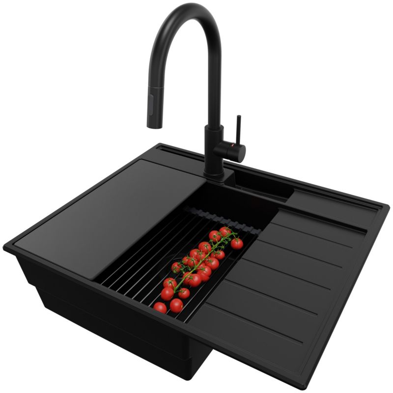 Zlewozmywak Granitowy Sydney Pocket PRIMAGRAN Nablatowy 62x53cm, Cały Czarny + Bateria + Syfon + Akcesorium, S095, 1 szt.