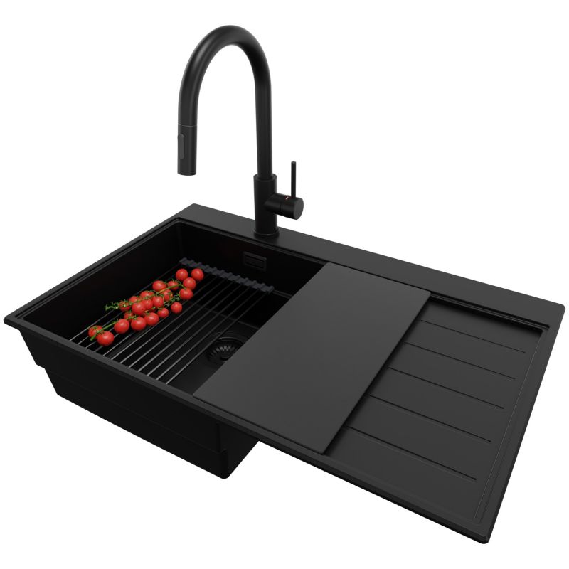 Zlewozmywak Granitowy Sydney PRIMAGRAN Nablatowy 78x50cm, Cały Czarny + Bateria + Syfon + Akcesorium, S287, 1 szt.